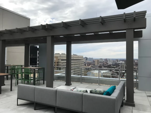 Commercial rooftop pergola installation